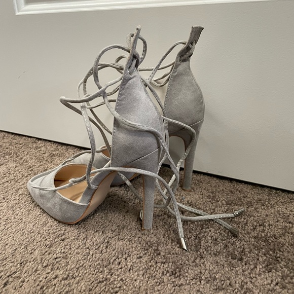Velvet Light Grey Lace Up Pumps - Picture 5 of 8